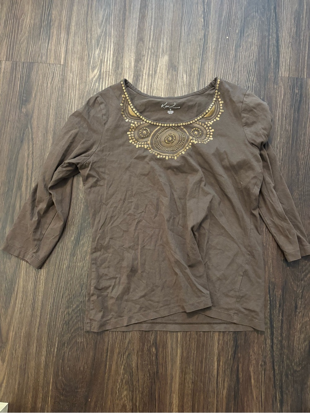 KEREN hart Brown Long Sleeve Scoop Neck Top with Gold Embellished Neckline